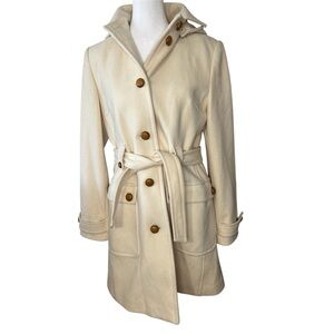 J. Crew ivory wool blend hooded trench coat. Leather button SAMPLE size medium.
